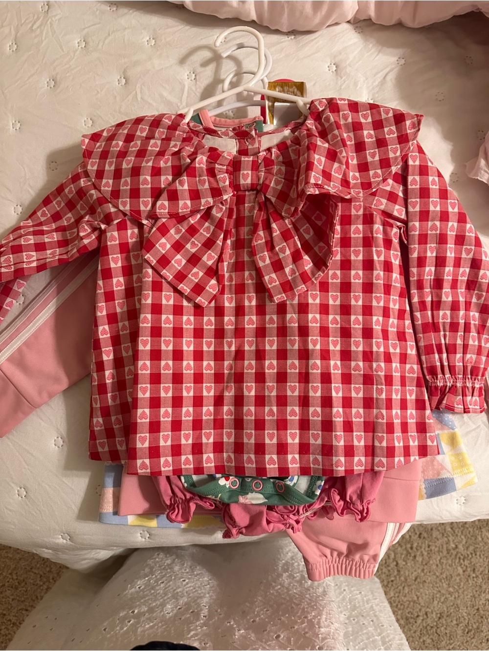 Janie and Jack Pink and White Heart Gingham Bow Top